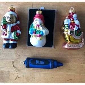 Lot Of 4 Glass Christmas Ornaments Snowman Teddy Bear Blue Marker